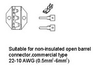 Suitable for non-insulated open barrel connector, commercial type. 22-10 AWG (0.5mm-6mm) Suitable for non-insulated open barrel connector, commercial type. 22-10 AWG (0.5mm-6mm)