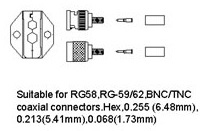 Suitable for RG58, RG-59/62, BNC/TNC coaxial connectors. Hex 0.255 (6.48mm), 0.213 (5.41mm), 0.068 (1.73mm)
