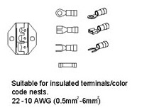 Suitable for insulated terminals/color code nests. 22-10 AWG (0.5mm-6mm)